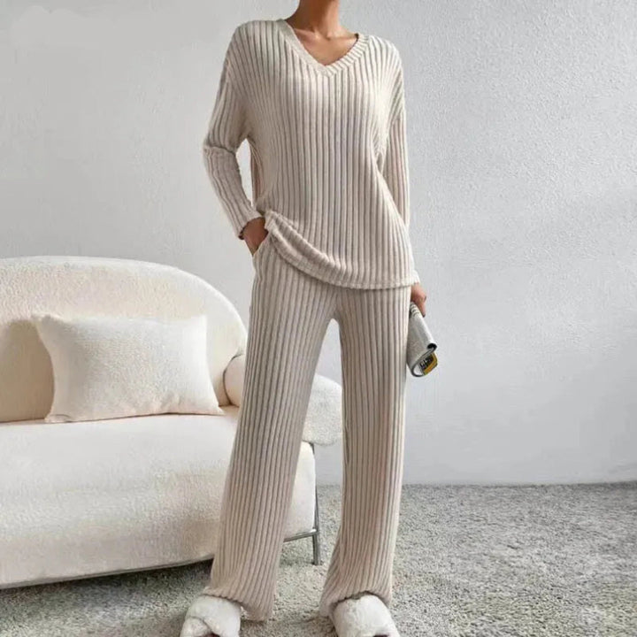 Drune | Loungewear-Set Aus Baumwollmischung mit V-Ausschnitt und Weitbeinhosen