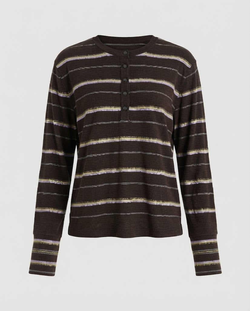 Damen Fein gestreiftes Henley-Longsleeve aus weichem Baumwollmix Drune
