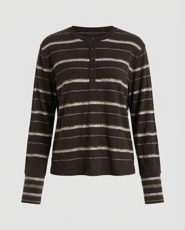 Damen Fein gestreiftes Henley-Longsleeve aus weichem Baumwollmix Drune