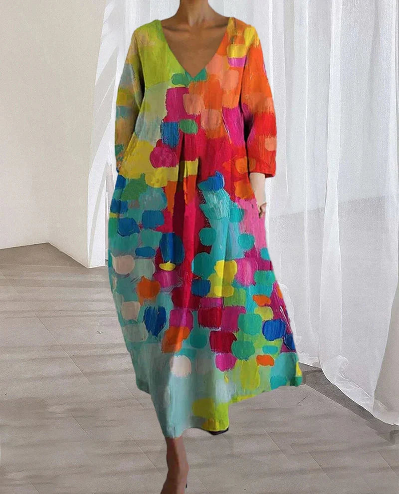 Drune | Bunt Bedrucktes Kleid Mit V-Ausschnitt