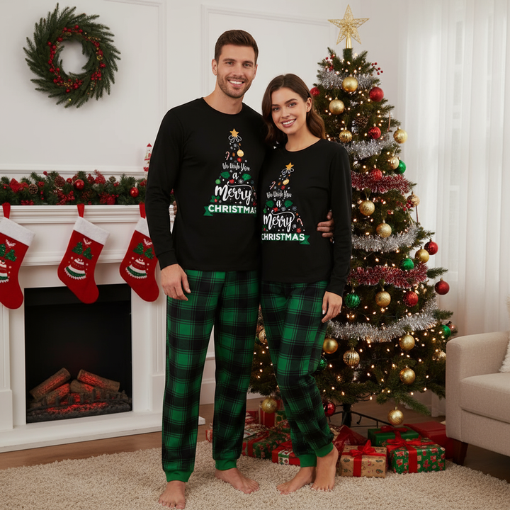 Drune | "Wir wünschen Ihnen ein frohes Weihnachtsfest" Bedrucktes Muster Schwarzes Langarmtop mit Schwarz- und Grünkarierten Hosen Paar Matching Pyjamas