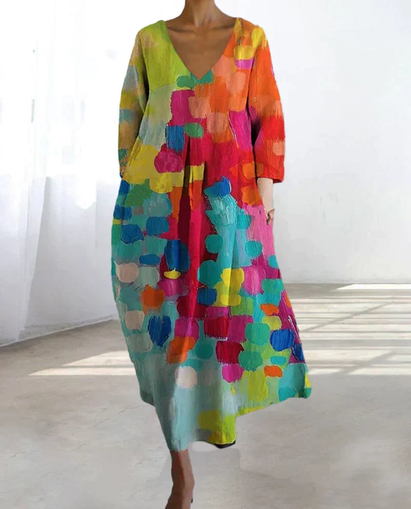 Drune | Bunt Bedrucktes Kleid Mit V-Ausschnitt
