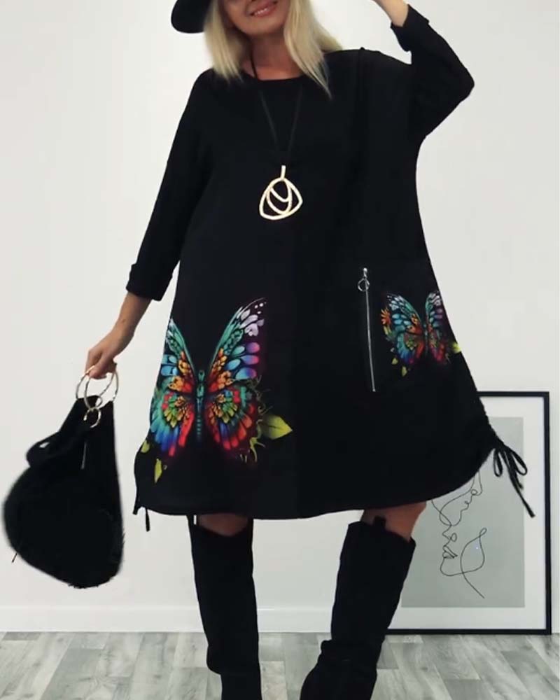 Drune | Kleid mit Schmetterlings Print und Tasche