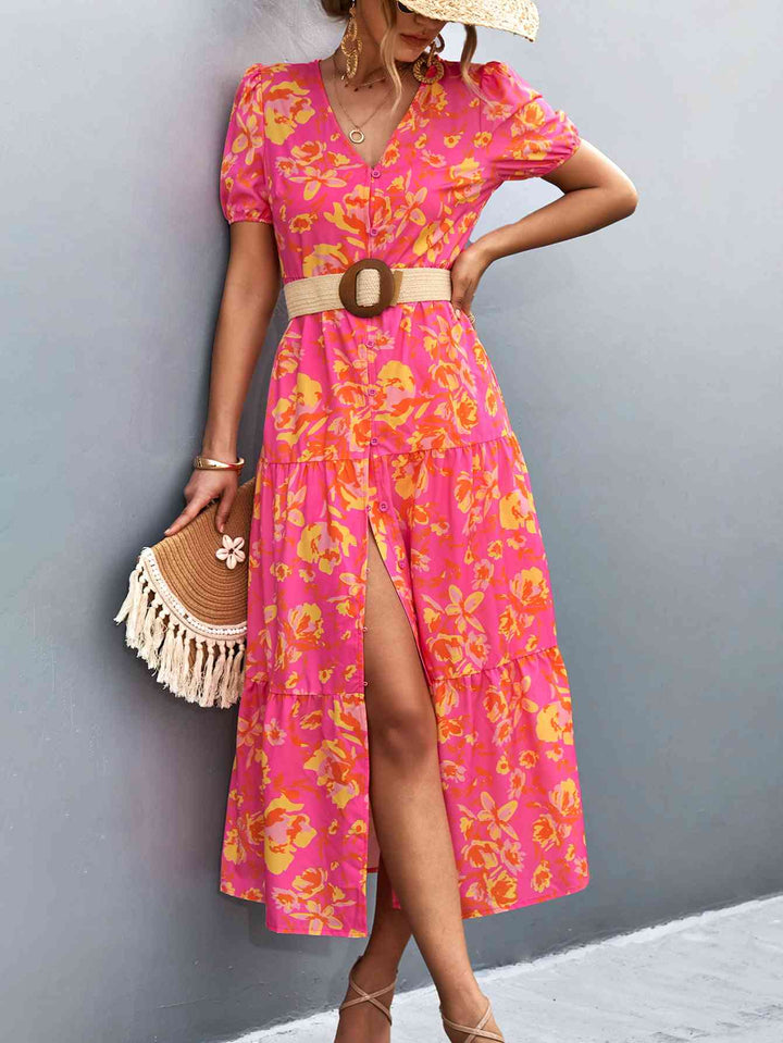 Drune | V-Ausschnitt Kurzarm Hohe Schlitz Midi Kleid