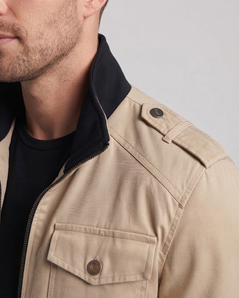 Männer Feldjacke mit Stehkragen, karierter Futter und Schulterklappen Drune