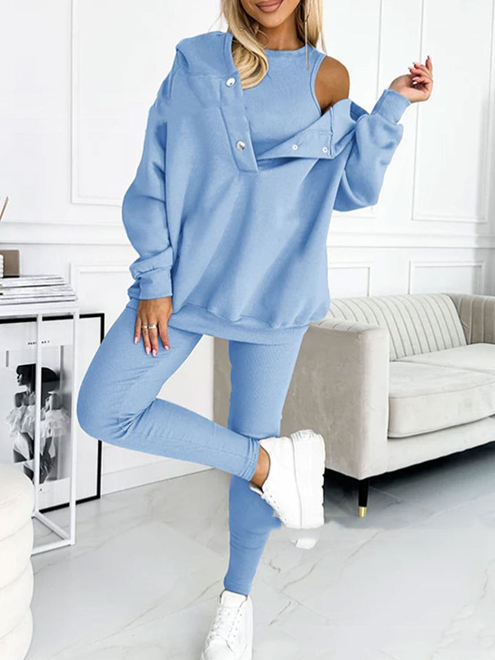 Drune | 3-teiliges Damen-Sportanzug mit lockerem Kapuzenpullover und Slim-Hosen