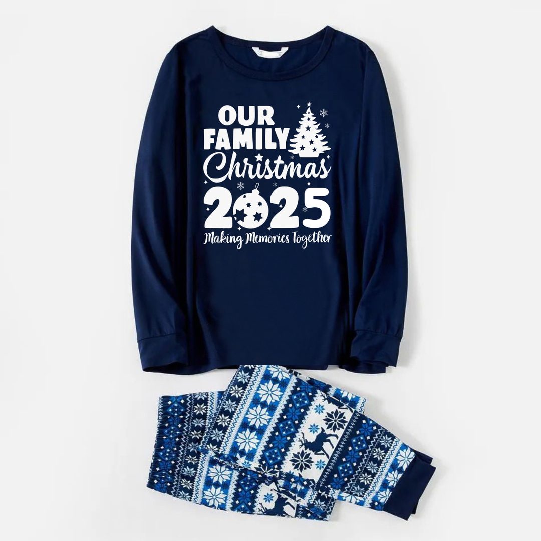 Drune | Unsere Familie Weihnachten 2025 Gemeinsam Erinnerungen Schaffen' Buchstaben Druck Blaue Lange Ärmel Mit Blauen Floral Hosen Familien Passende Schlafanzüge Sets