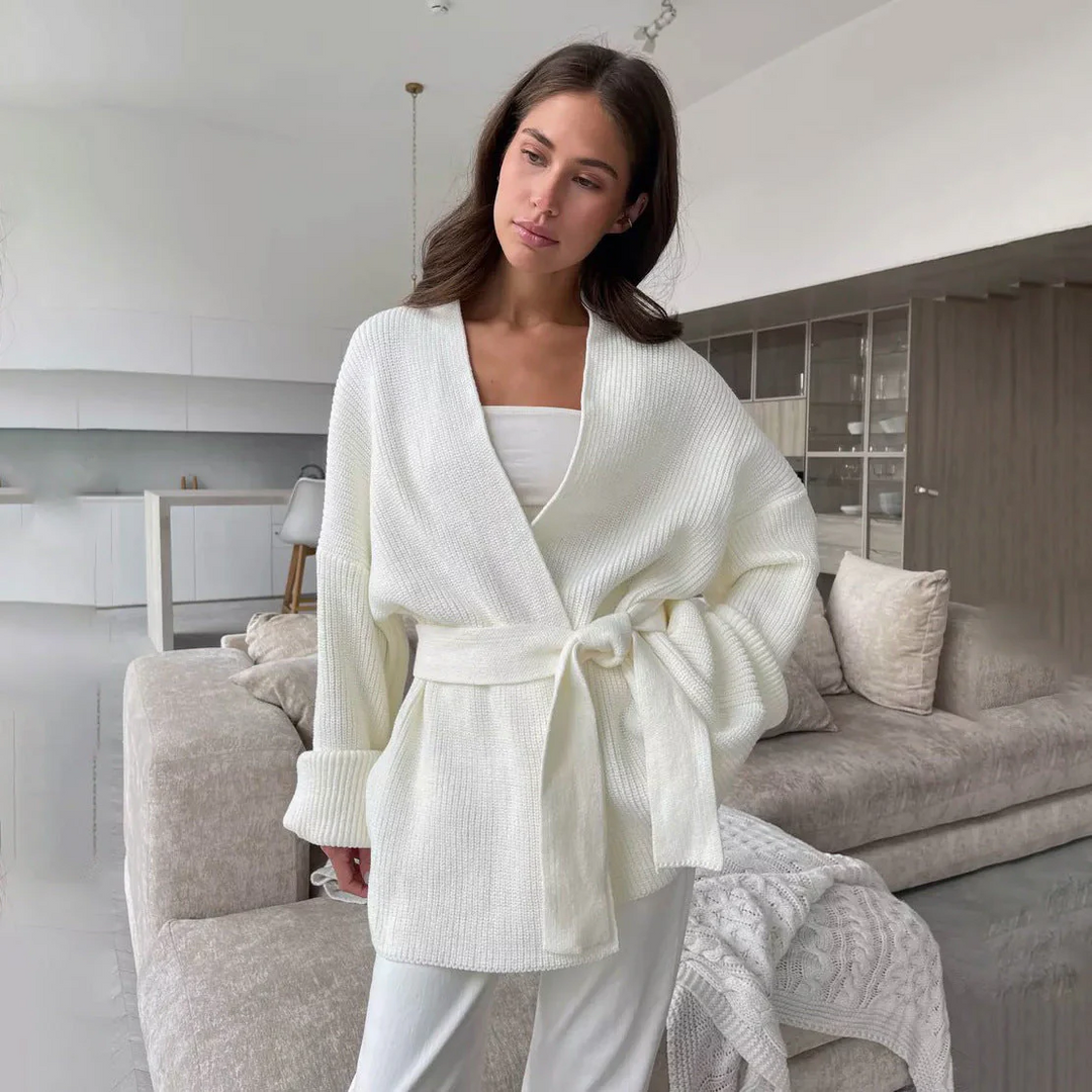 Drune | Cozy ribbed knit wrap cardigan with tie belt