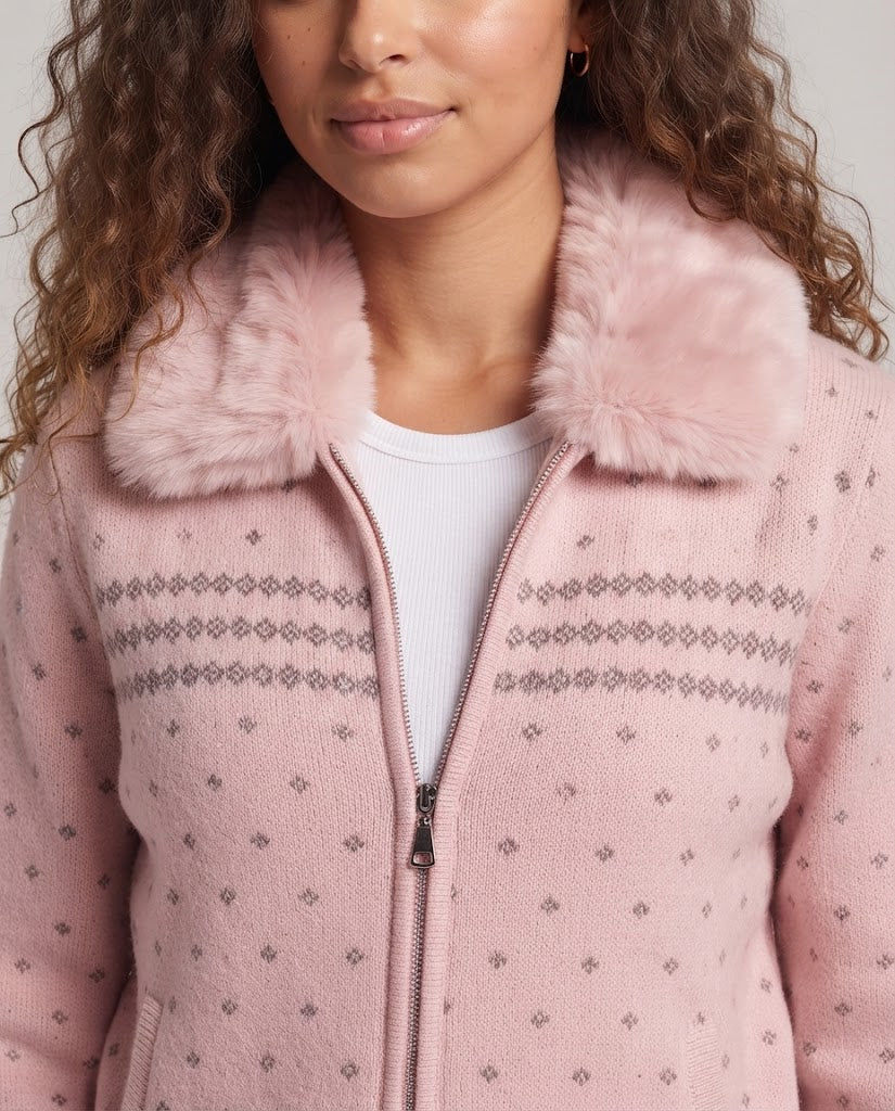 Damen gestrickte Kapuzenjacke mit Kunstpelzbesatz und Reißverschluss Drune