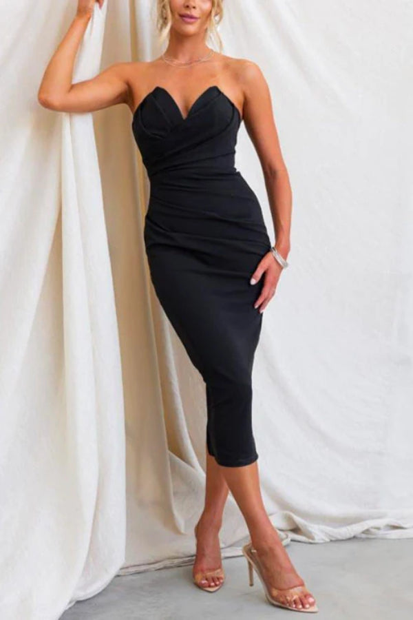 Drune | 8 Farben Strapless Tube Top Rüschen Rücken Schlitz Midi Party Kleid