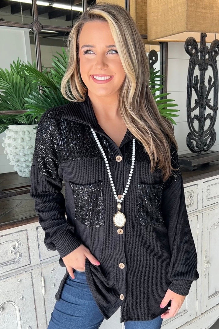Drune | Gerippte Blusenjacke mit Pailletten-details Polyester-mischung Festlich und Trendy