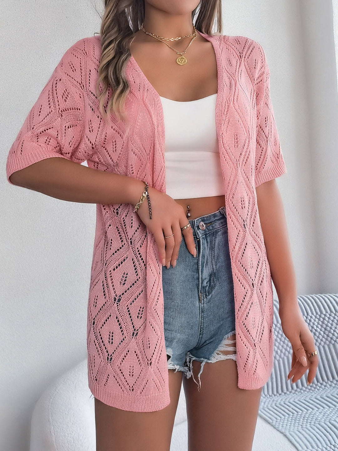Drune | Durchbrochene Offene Front Halbarm-Cardigan