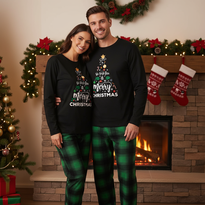 Drune | "Wir wünschen Ihnen ein frohes Weihnachtsfest" Bedrucktes Muster Schwarzes Langarmtop mit Schwarz- und Grünkarierten Hosen Paar Matching Pyjamas