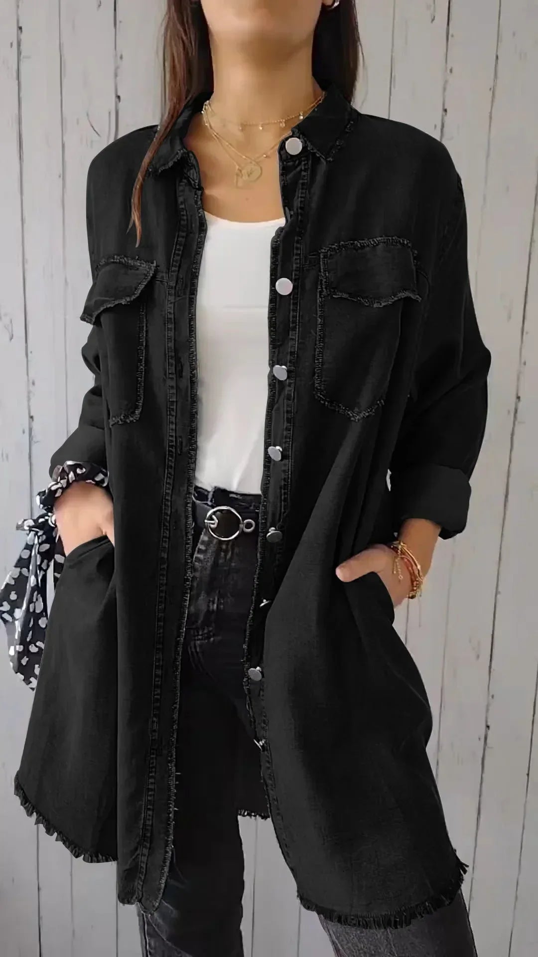 Drune | Bequeme Lange Hemdbluse aus Faux-Denim