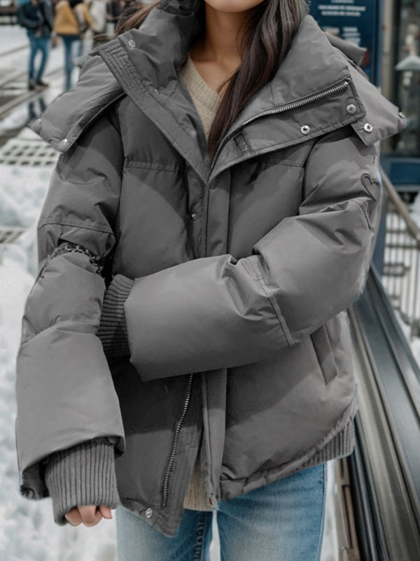 Drune | graue einfarbige Herz dekorierte Kapuzen-Pufferjacke