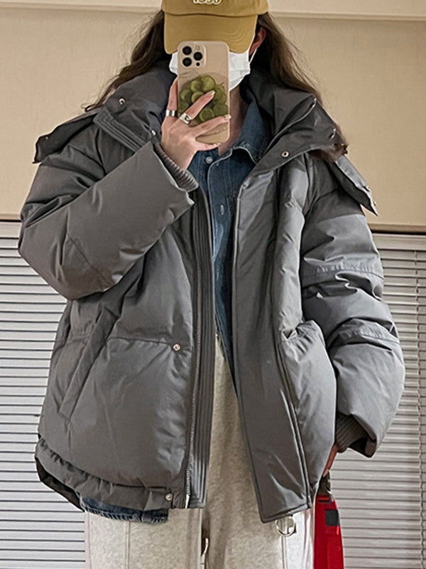 Drune | graue einfarbige Herz dekorierte Kapuzen-Pufferjacke