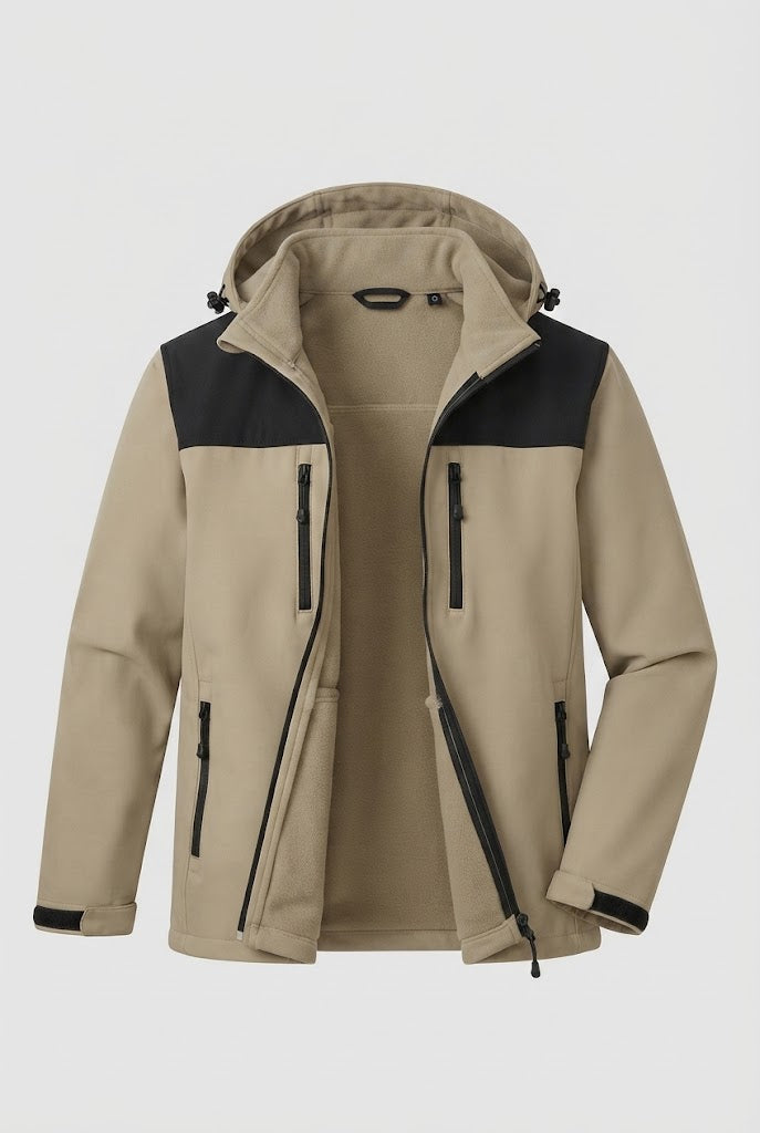 Herren zwei-lagige Softshell Outdoor-Jacke mit herausnehmbarer Fleece-Innenjacke und Kapuze Drune
