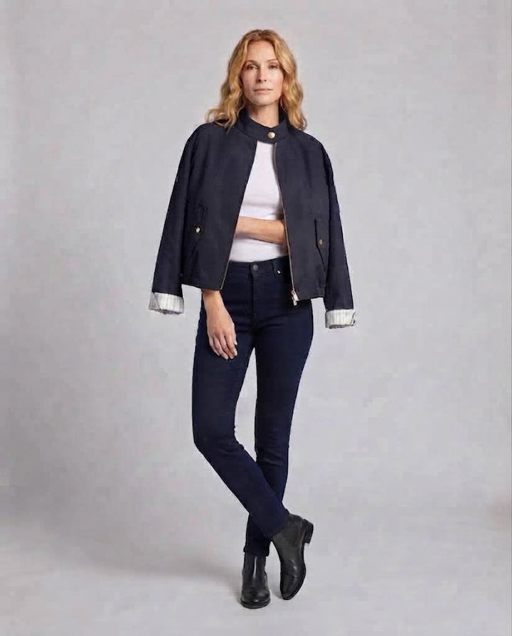 Damen Cropped Utility Jacke mit Stehkragen, Kordelzugsaum und goldfarbenen Details Drune