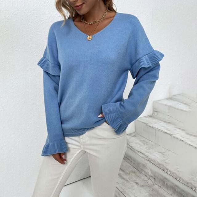 Drune | V-ausschnitt Pullover mit Rüschendetails Baumwolle Weiches und Elegantes Design