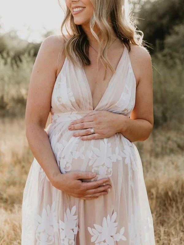 Drune-Fashion Fotoshooting-Kleider, Bohemian-Stil, Babyparty, Spitze, Tüll, V-Ausschnitt, Umstandsmode, Weiß, Maxi