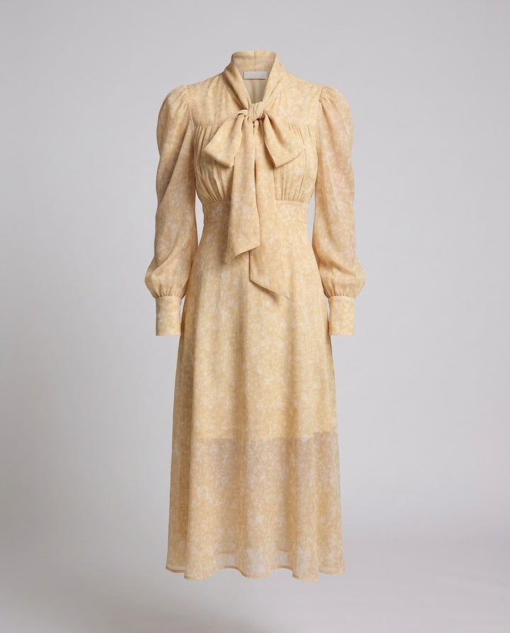 Damen Geblümtes Maxikleid mit Schleifenkragen und Puffärmeln Drune