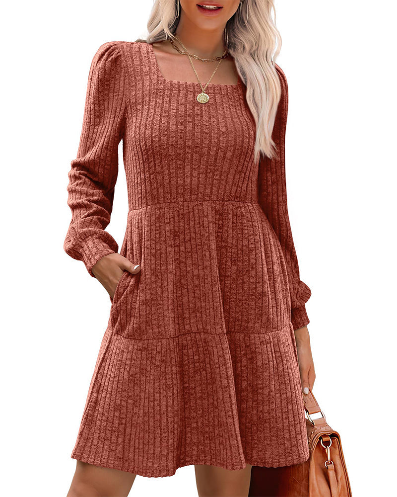 Drune | Damenkleid mit Quadrat Ausschnitt Laternenärmeln und Rippstruktur