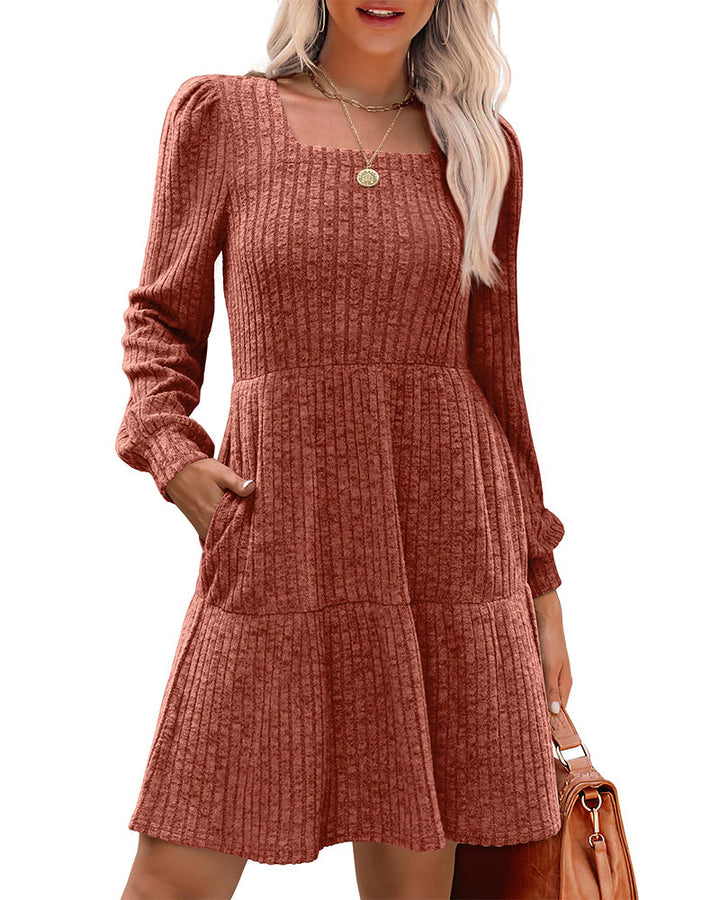 Drune | Damenkleid mit Quadrat Ausschnitt Laternenärmeln und Rippstruktur