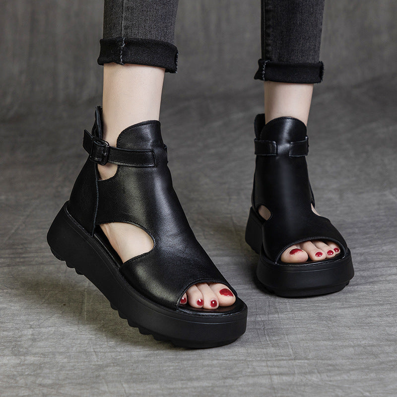 Drune | Sommer Neu Retro Erste Schicht Rindsleder Rücken Peep Toe Sandalen für Frauen