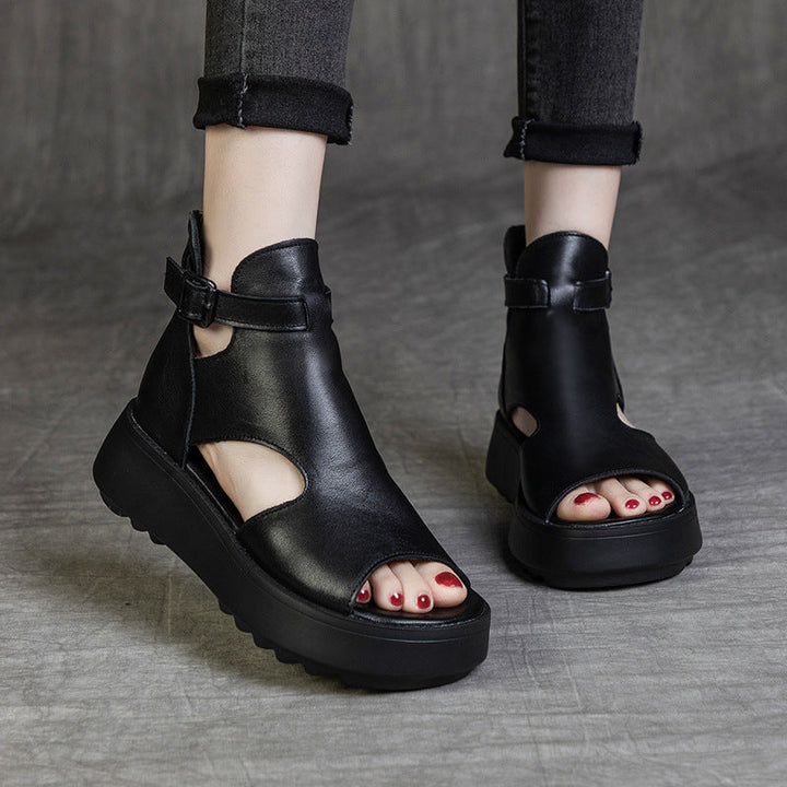 Drune | Sommer Neu Retro Erste Schicht Rindsleder Rücken Peep Toe Sandalen für Frauen