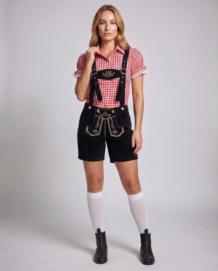 Damen Kurzarm Bluse mit Karomuster und Spitzenakzenten Drune