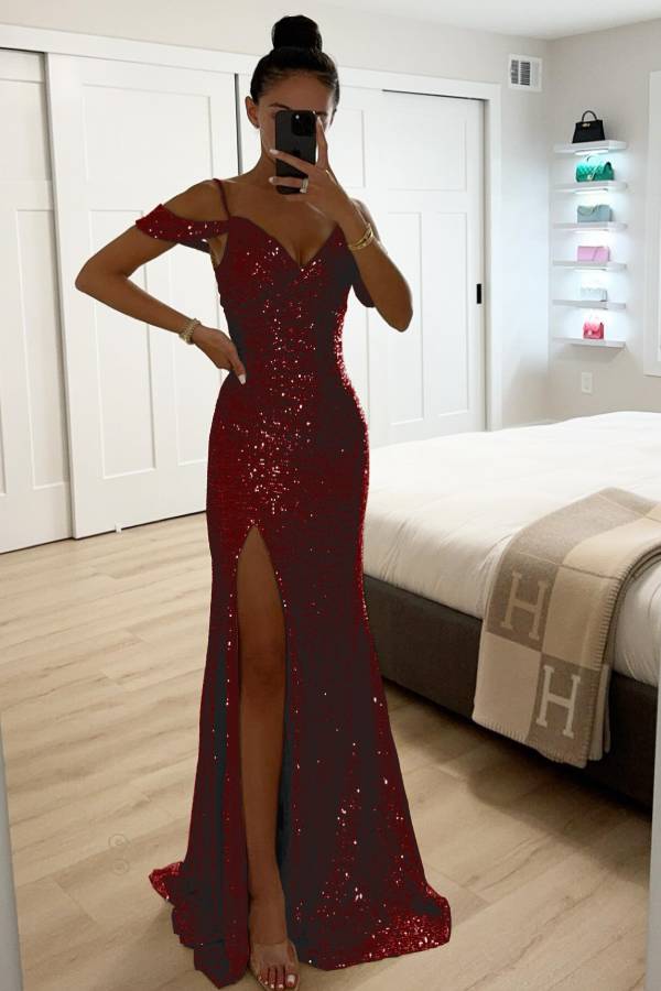 Drune | Paillettenspitze Meerjungfrau Abschlussballkleider mit Schlitz Off-Shoulder Abendkleid