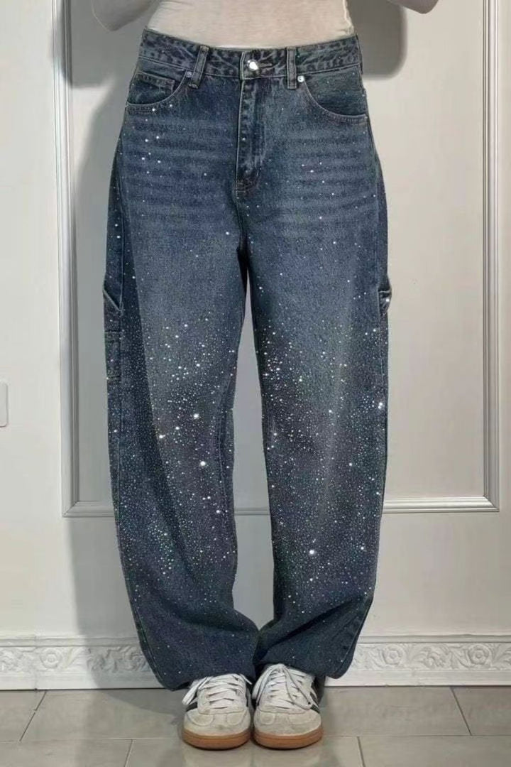 Drune | Damen Gewaschene Jeans Mit Strassdetails Im Weiten Schnitt