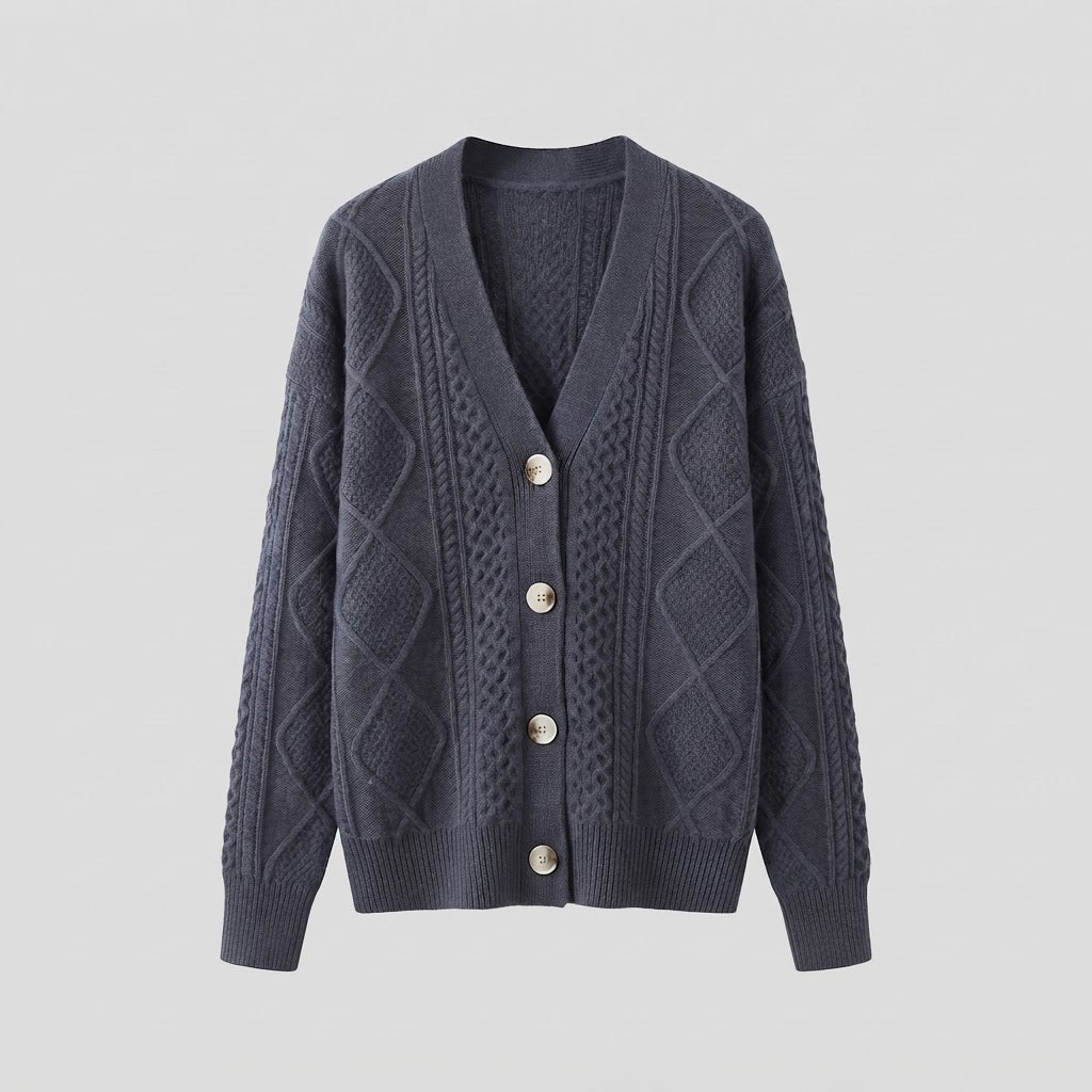 Damen Feiner Wollmix-Cardigan mit Zopfmuster, V‑Ausschnitt und Perlmuttknöpfen Drune
