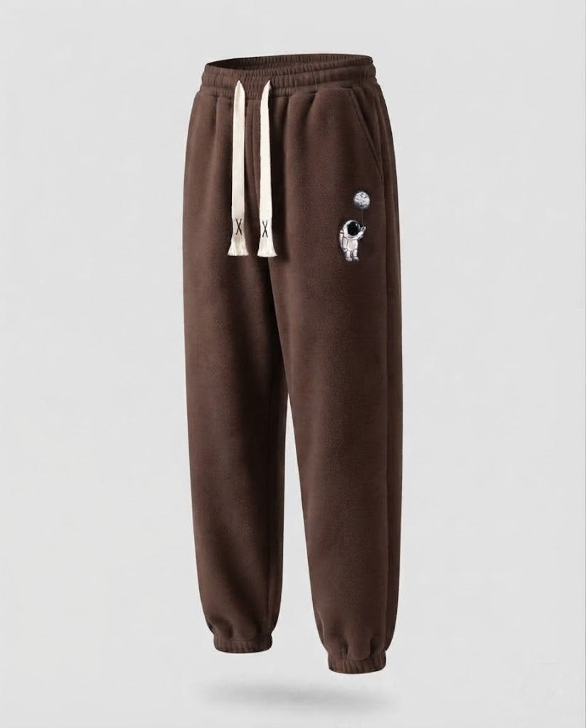 Herren gefütterte Fleece Jogginghose mit Kordelzug, elastischen Bündchen und Astronauten Druck drune