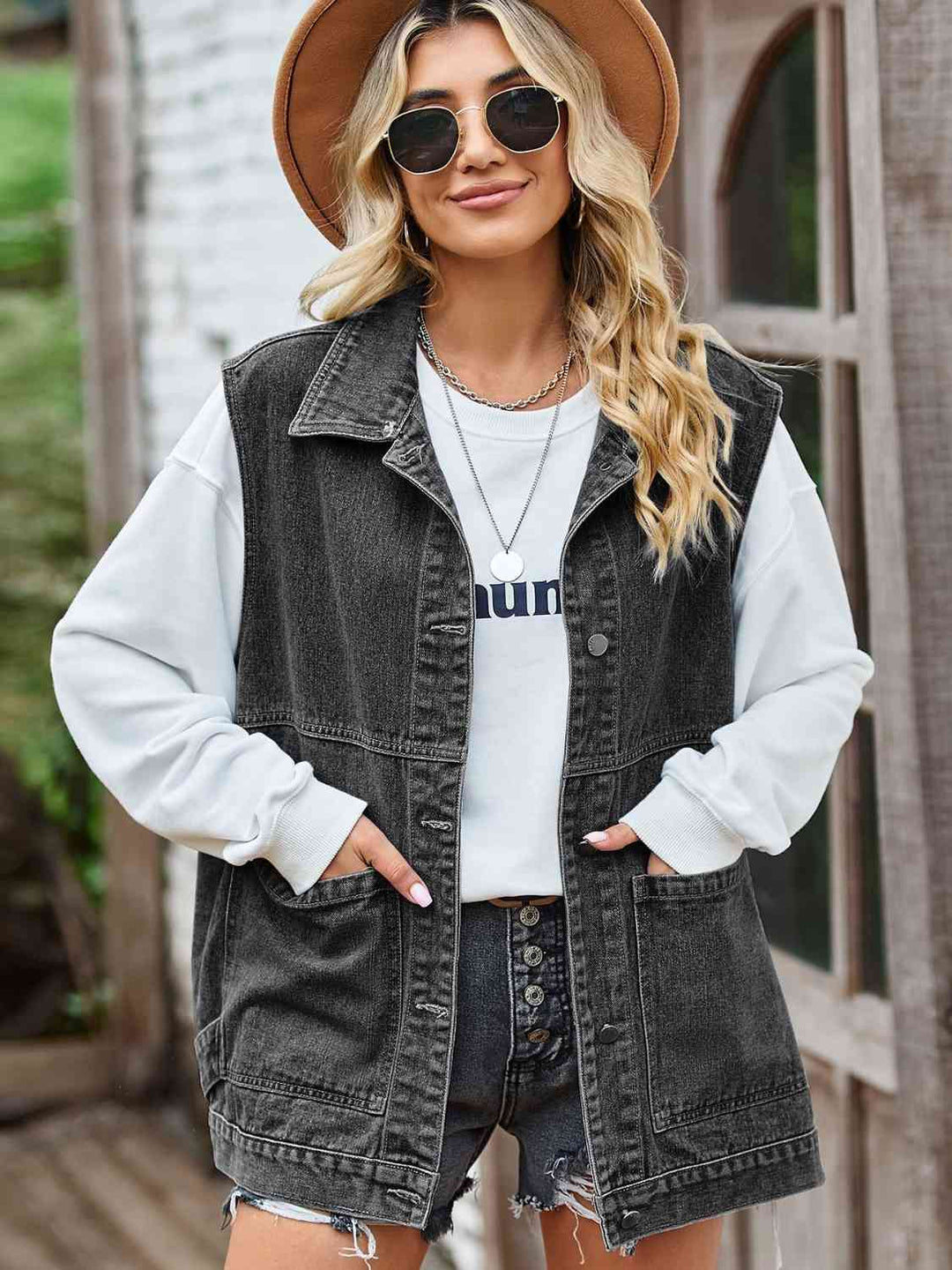 Drune | Knopf-Front Ärmellose Jeansjacke