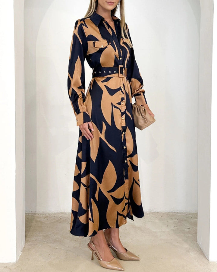 Drune | Kleid mit Langen Ärmeln und Revers Im Blattmuster