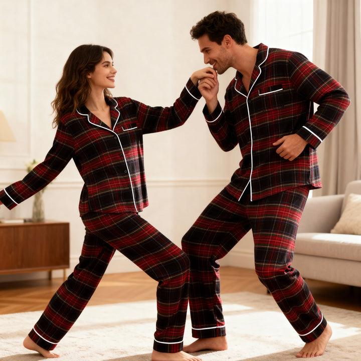 Drune | Weihnachtsrot Plaid Knopf-Front Familien Pyjama Sets