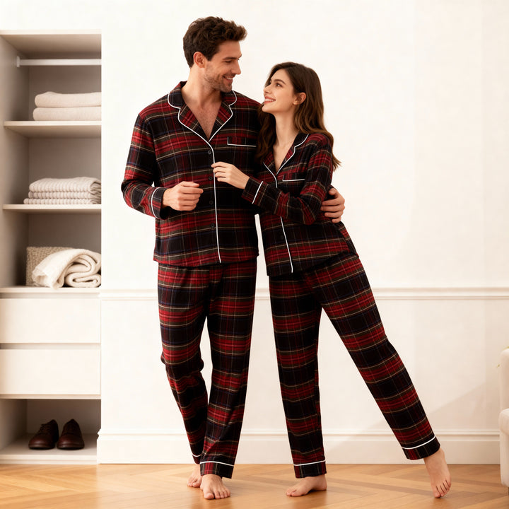 Drune | Weihnachtsrot Plaid Knopf-Front Familien Pyjama Sets