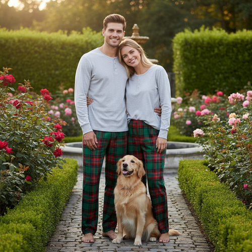 Drune | Paar Pyjama-Set – Graues Knopf-Hals T-Shirt & Grüne Karohose