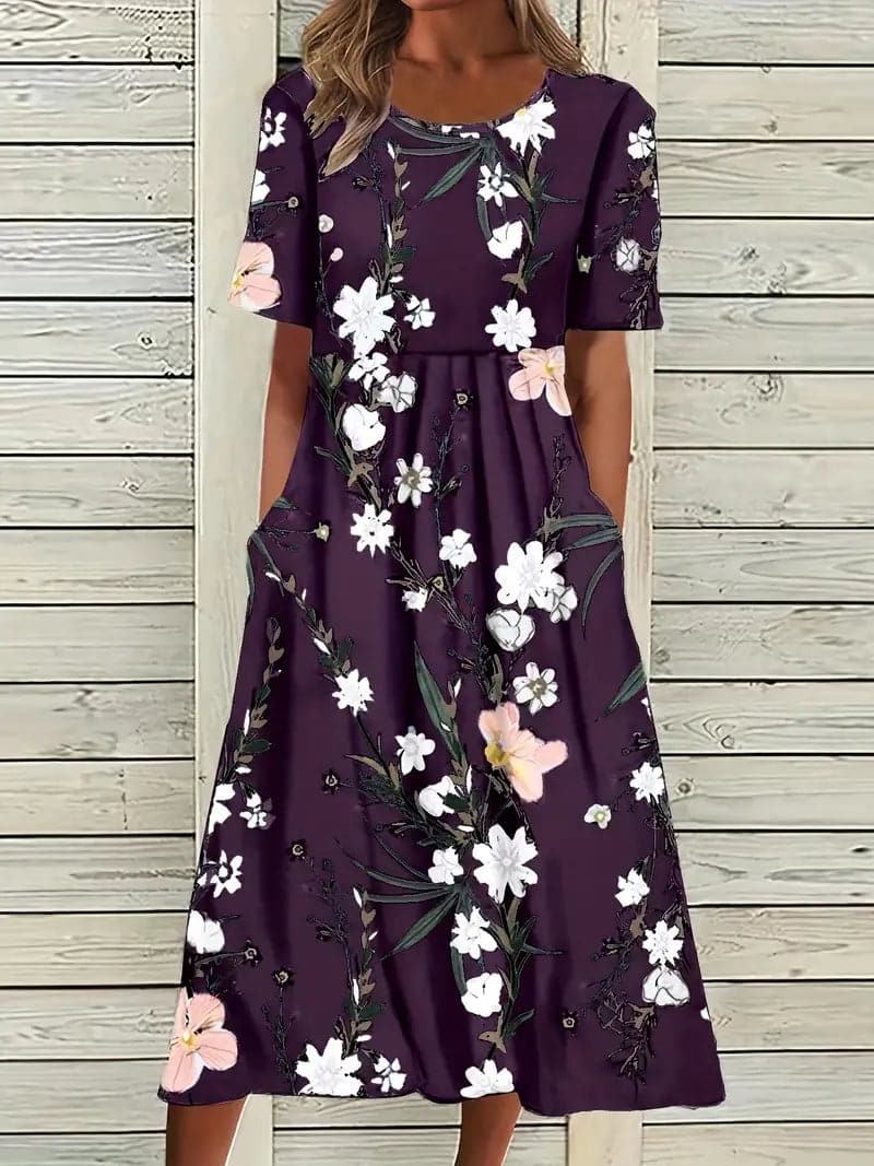 Drune | Midi Kleid Blumendes Muster Rundhals Kurze Ärmel Luftig und Bequem