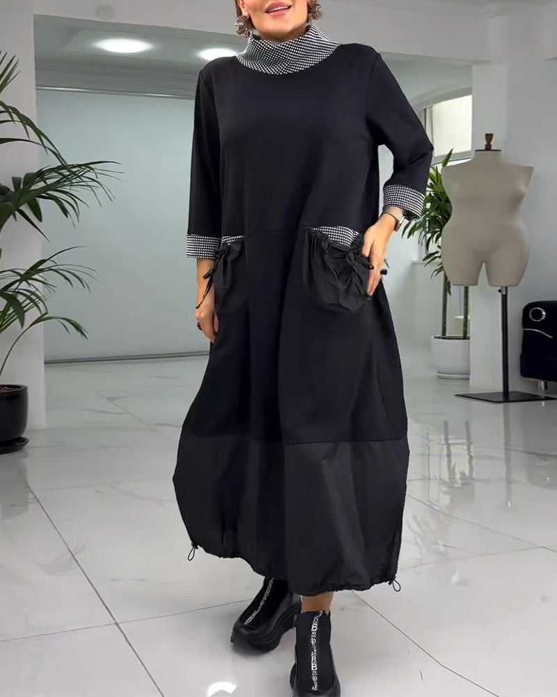 Drune | Kariertes Patchworkkleid mit Hohem Kragen und Tasche