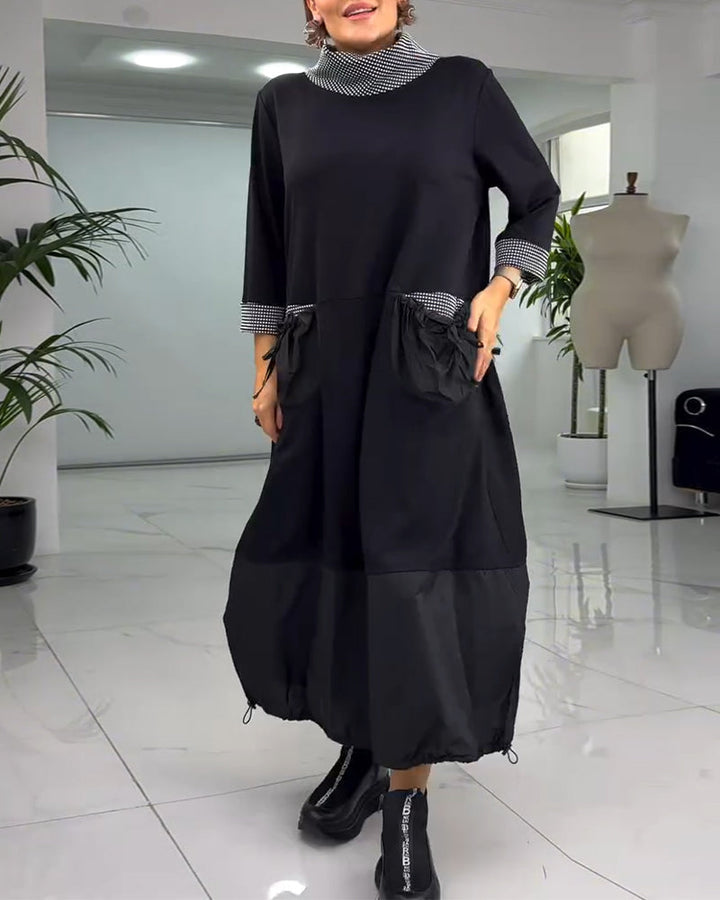 Drune | Kariertes Patchworkkleid mit Hohem Kragen und Tasche