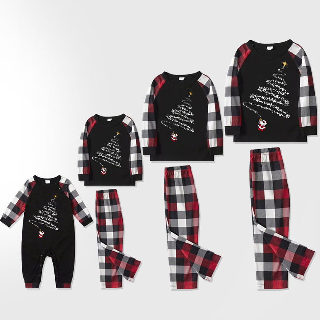 Drune | Weihnachtsmütze und 'Believe' Buchstabenprint gemusterte Karo-Ärmel Kontrastoberteile und rote & schwarze & weiße Karohosen Familien-Pyjama-Set mit Hundebandana