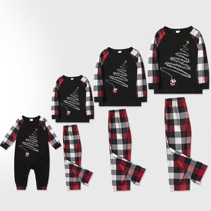 Drune | Weihnachtsmann-Print-Muster Freizeit Langarm-Sweatshirts Kontrast-Oberteile und rot & schwarz & weiß kariert Hose Familie passende Pyjama-Set mit Haustier-Bandana