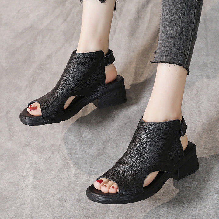 Drune | Echtes Leder Retro Künstlerische Damen Sandalen Mittelhoch Weiche Sohle