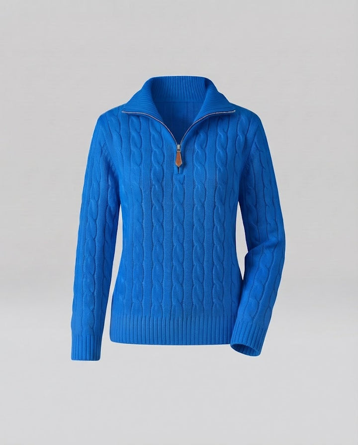 Damen Kabelstrick-Pullover mit halbem Reißverschluss und Stehkragen Drune
