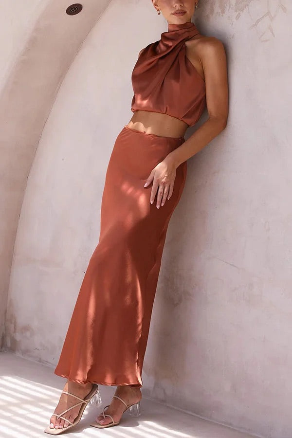Drune | Solch Eine Stimmung Hochgeschlossene Satin Drapiert Maxirock Set