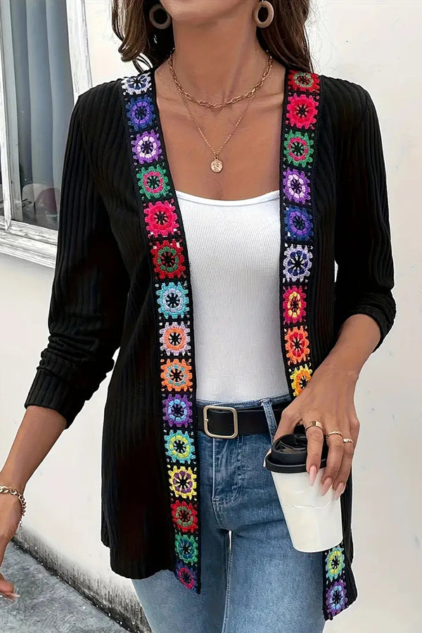 Drune | Boho knit cardigan with floral trim and long sleeves
