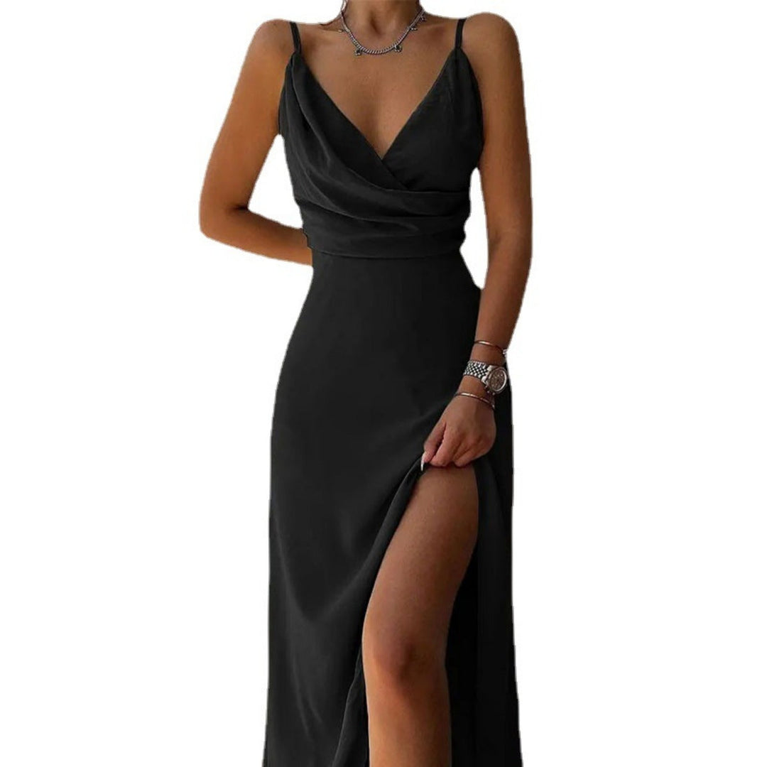 Drune | Kleid mit Hosenträgern und V-Ausschnitt mit geteiltem Print