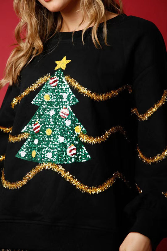 Drune | Weihnachtsbaum Pailletten Langarm Lockeres Sweatshirt